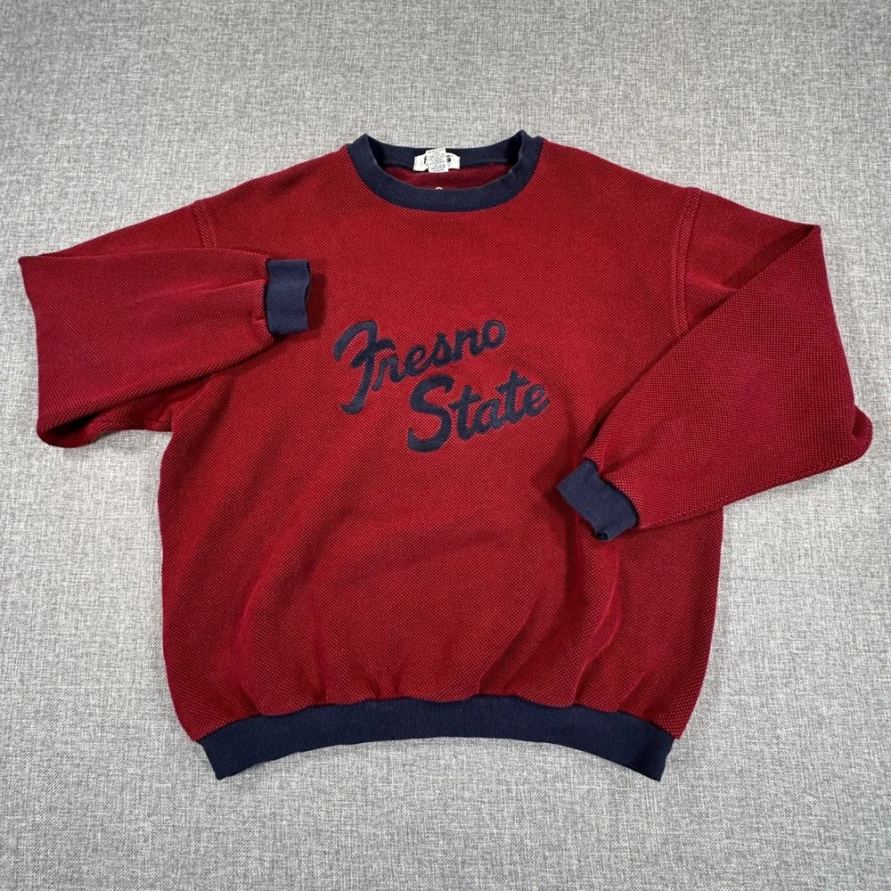 Vintage Fresno State Ping Sweatshirt Mens Large Red Made in USA Waffle Knit Boxy